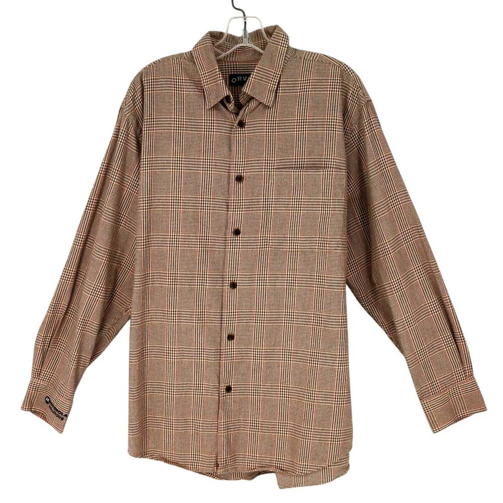 Orvis Shirt Mens Large Beige Red Plaid Cotton Wool Flannel Embroidered Cuff Logo